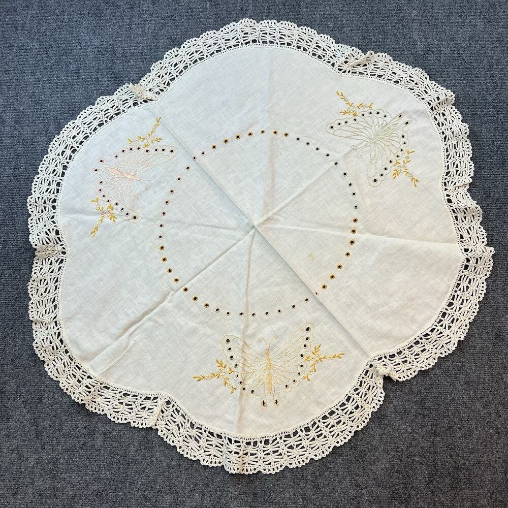 Vintage Embroidered Butterfly Doily Lace Edge Linen Table Topper Hand Made